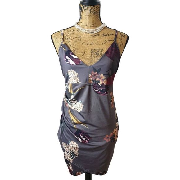 Floral Print Mini Slip Dress M Spaghetti Straps V-Neck Summer Resort Bodycon - Picture 1 of 5